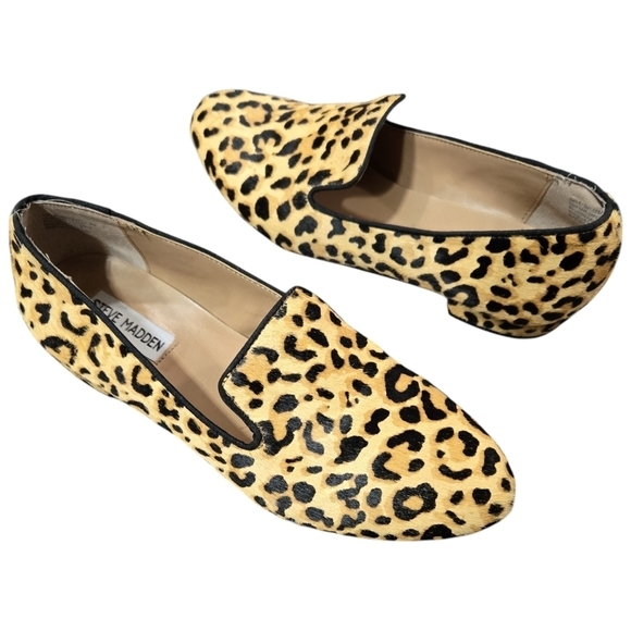 Steve Madden Smile Leopard Print Calf Hair Tan Slip On Loafers Chic Preppy - Picture 1 of 11